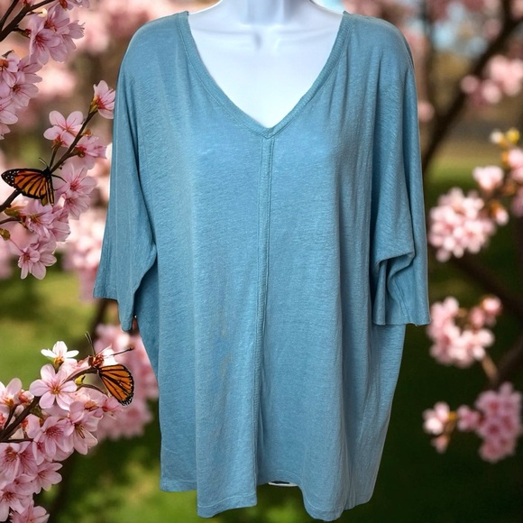 Eileen Fisher Sky Blue 100% Linen V-Neck Lagenlook Top Coastal Resort M - Picture 1 of 9